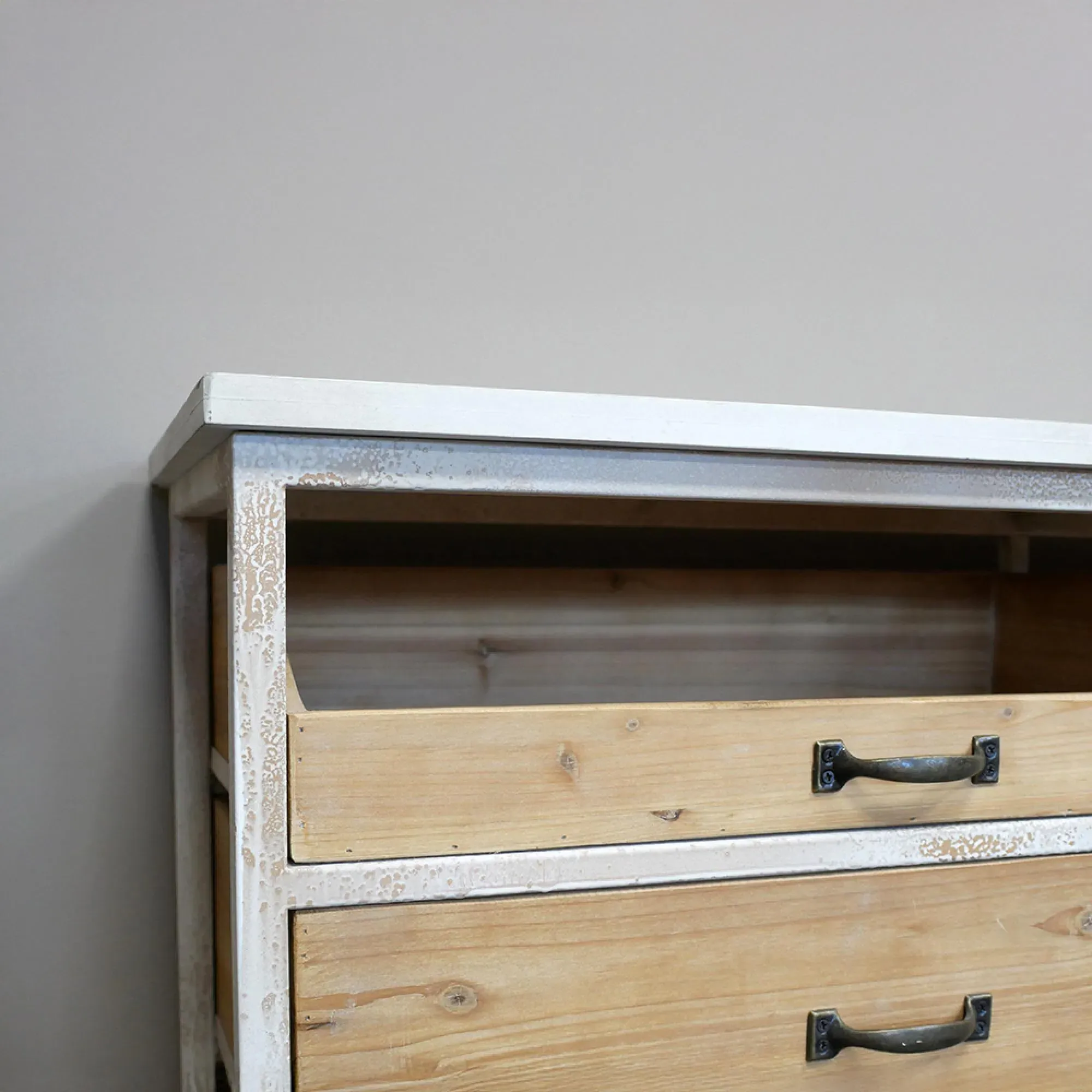 Large Wood and White Metal Console Table with Storage