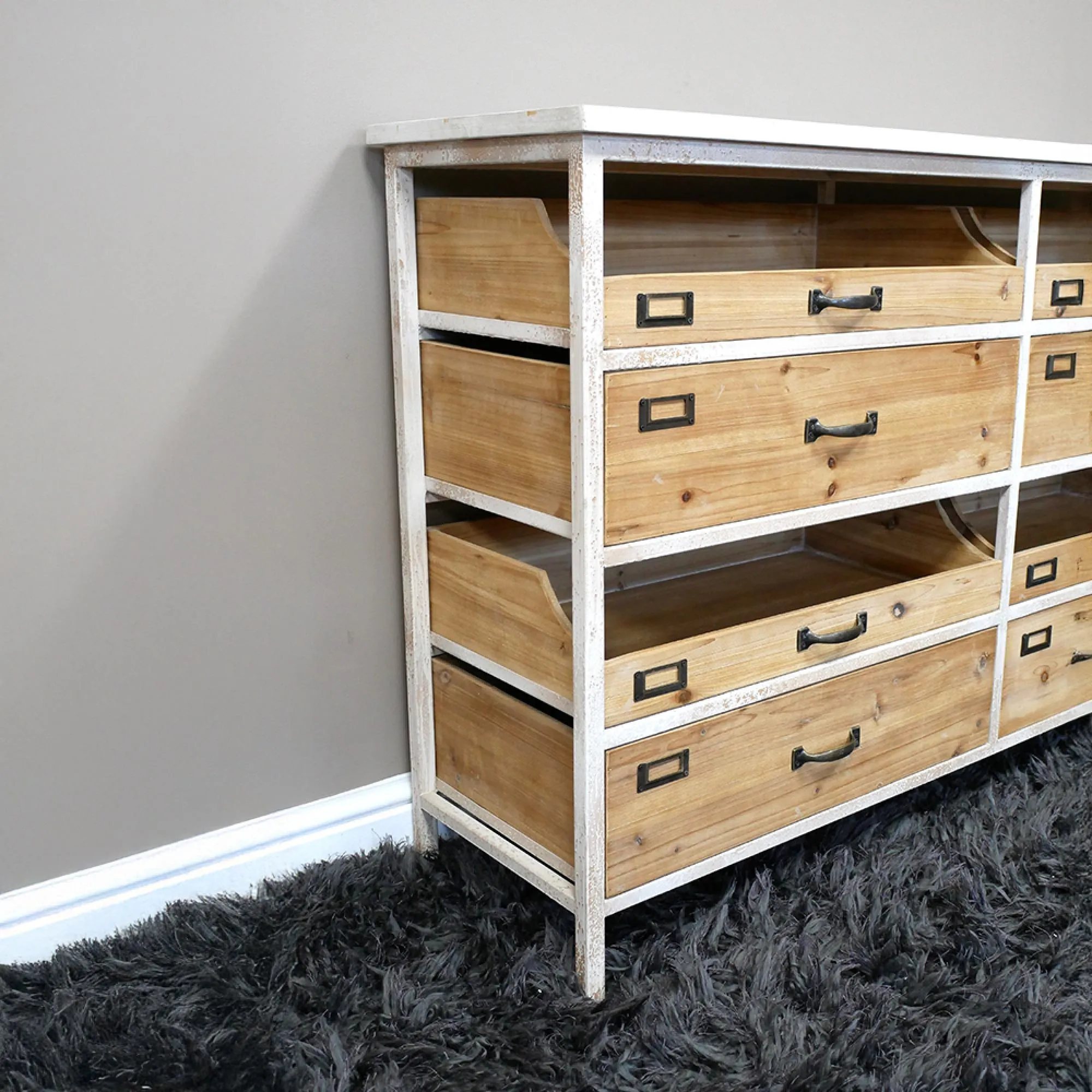 Large Wood and White Metal Console Table with Storage