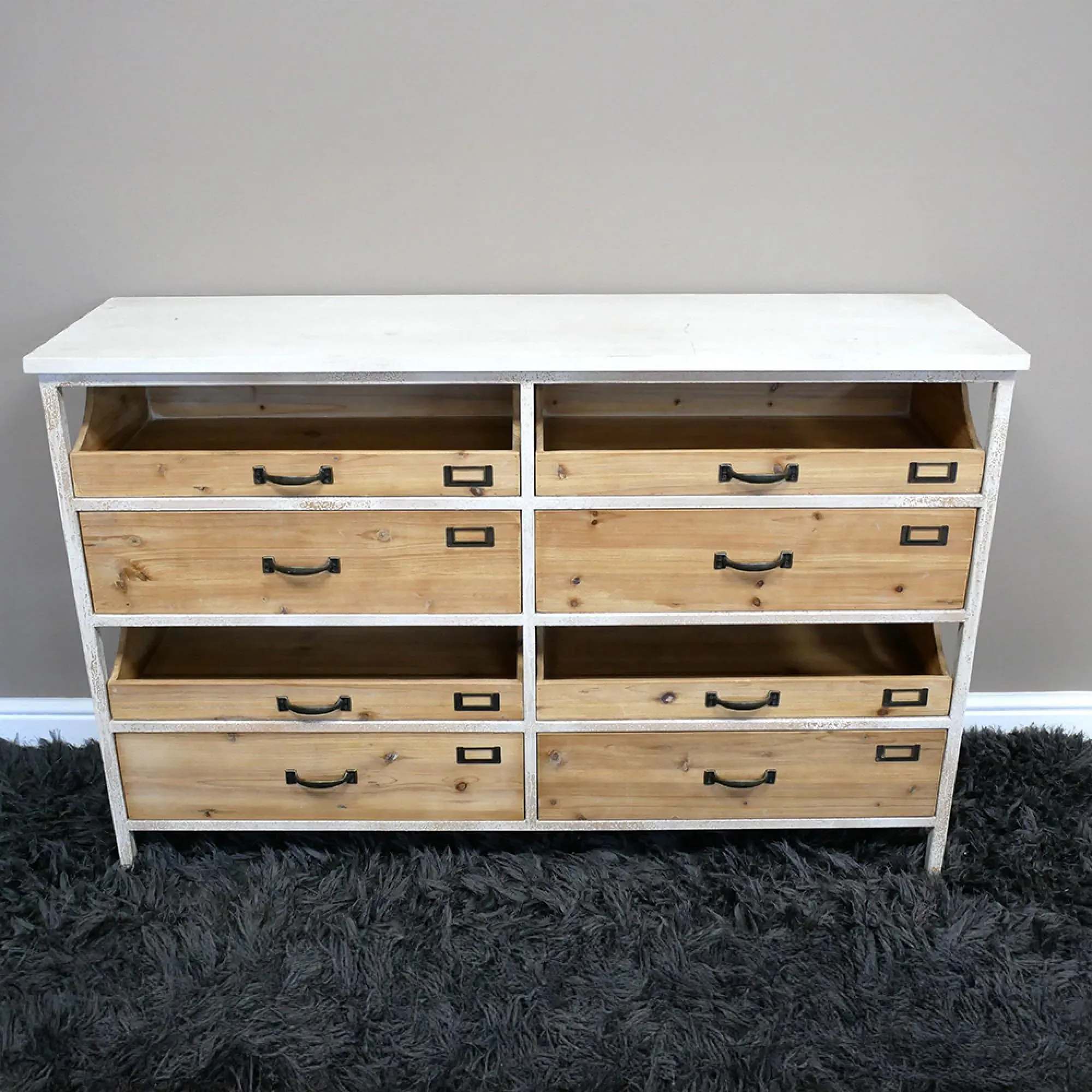 Large Wood and White Metal Console Table with Storage