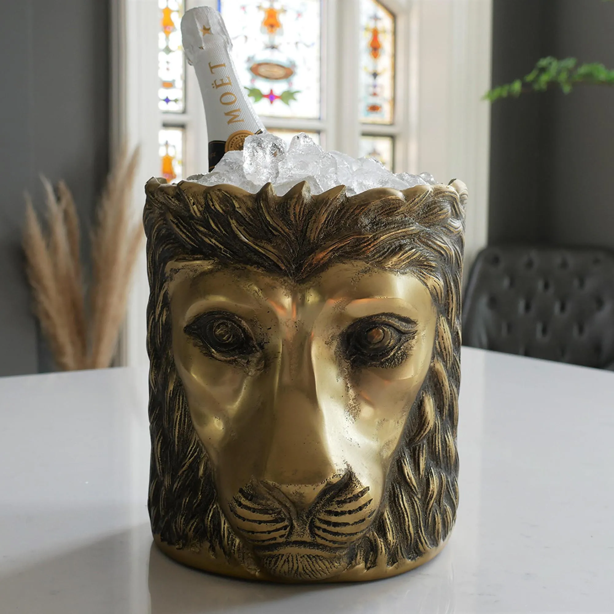 Lion Head Planter Ice Bucket Set of 2 - Gold