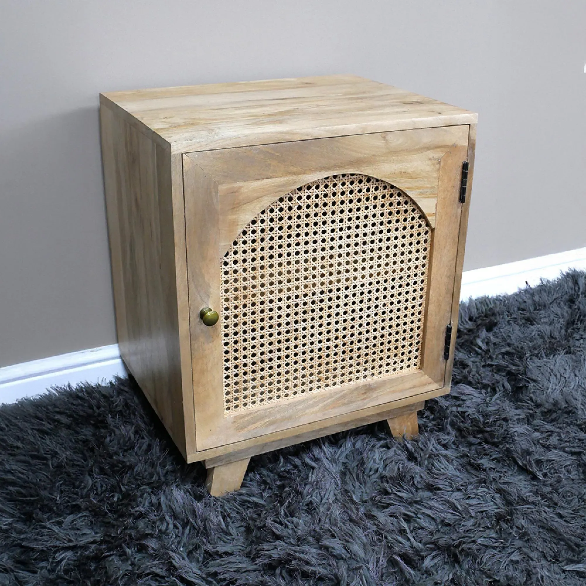 Mango Wood and Rattan 1 Door Bedside Cabinet
