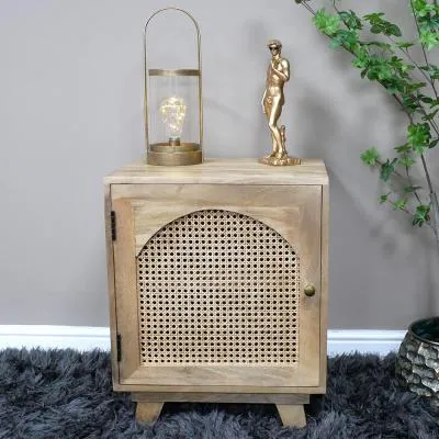 Mango Wood and Rattan 1 Door Bedside Cabinet