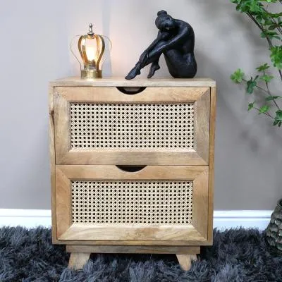 Mango Wood and Rattan 2 Drawer Bedside Cabinet