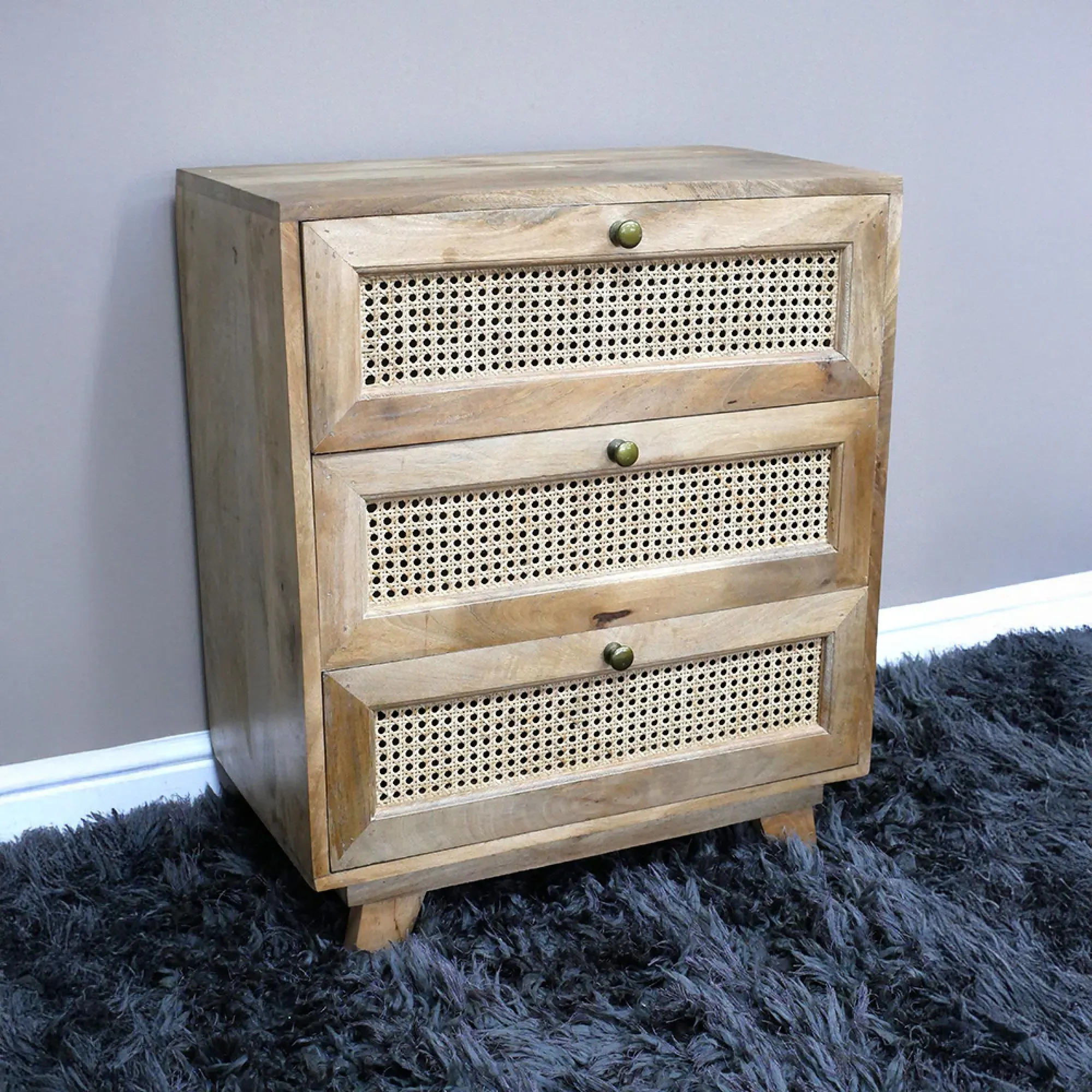 Mango Wood and Rattan 3 Drawer Small Chest