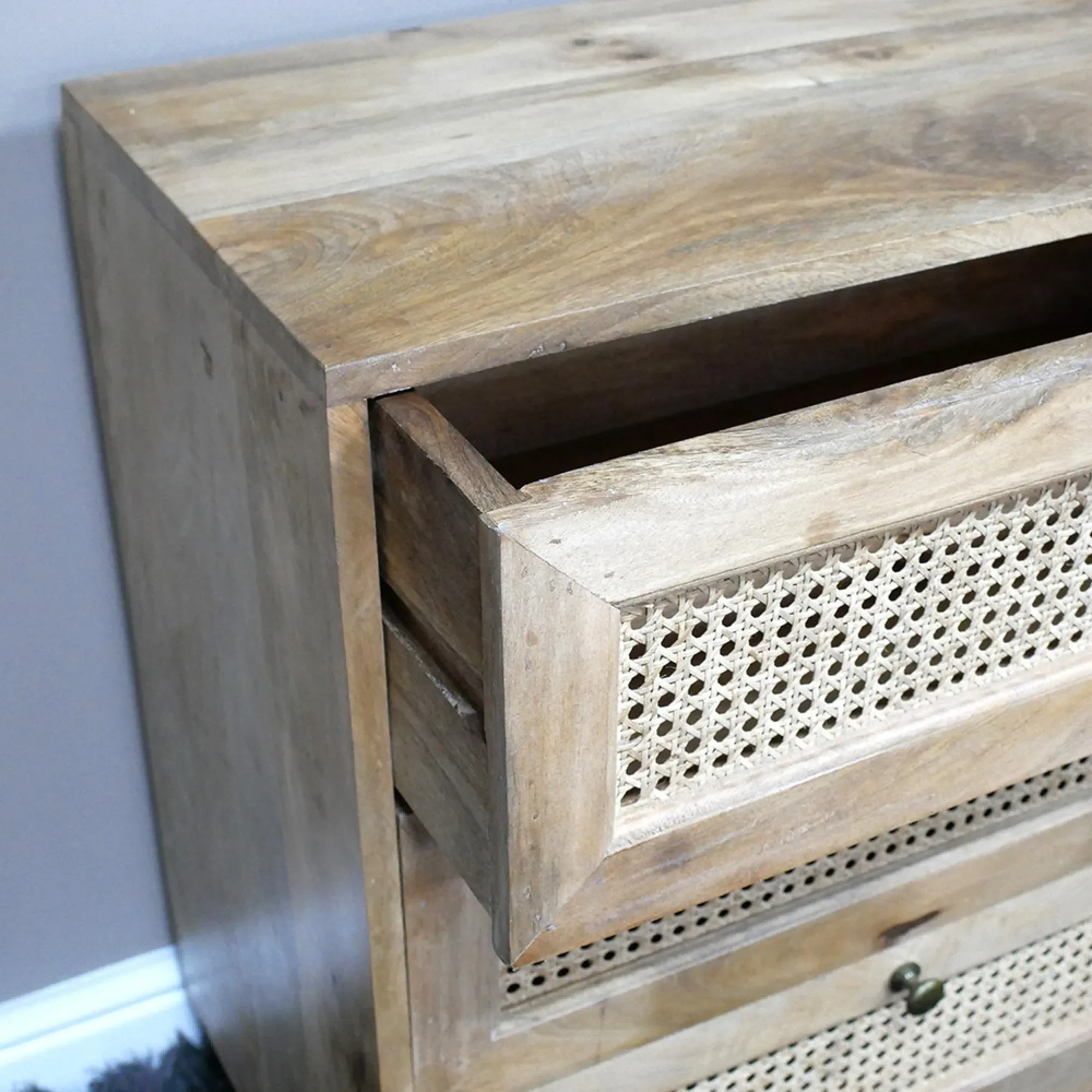 Mango Wood and Rattan 3 Drawer Small Chest