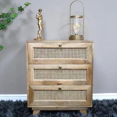 Mango Wood and Rattan 3 Drawer Small Chest