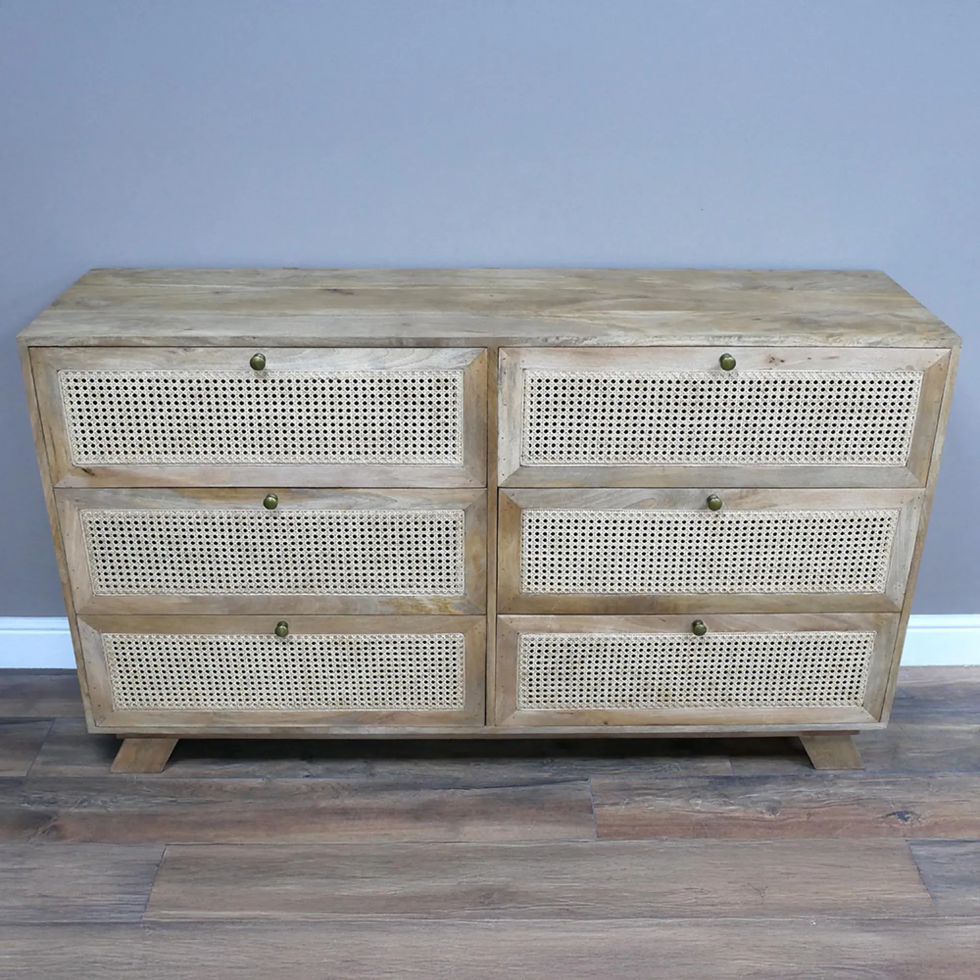 Mango Wood and Rattan 6 Drawer Wide Chest