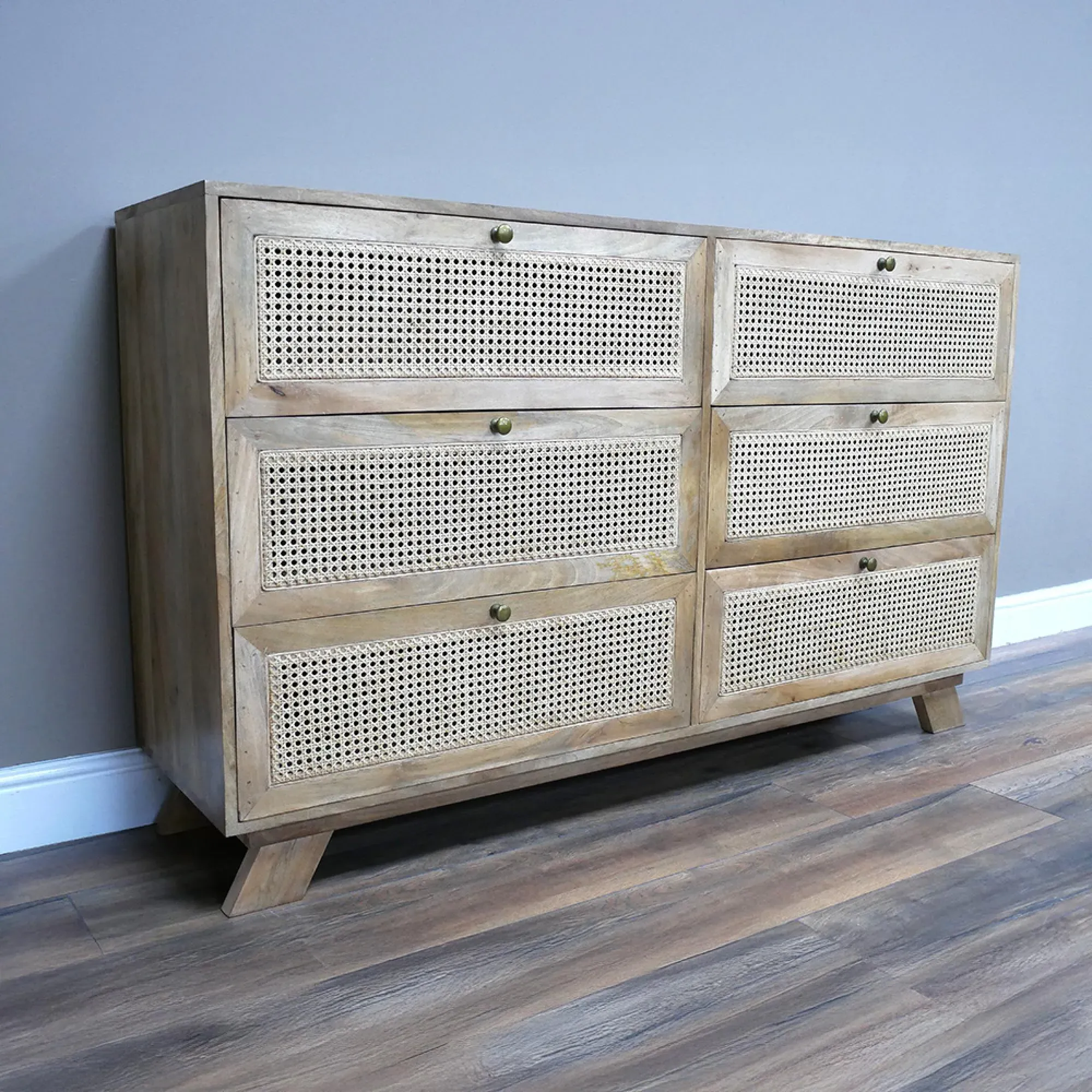 Mango Wood and Rattan 6 Drawer Wide Chest