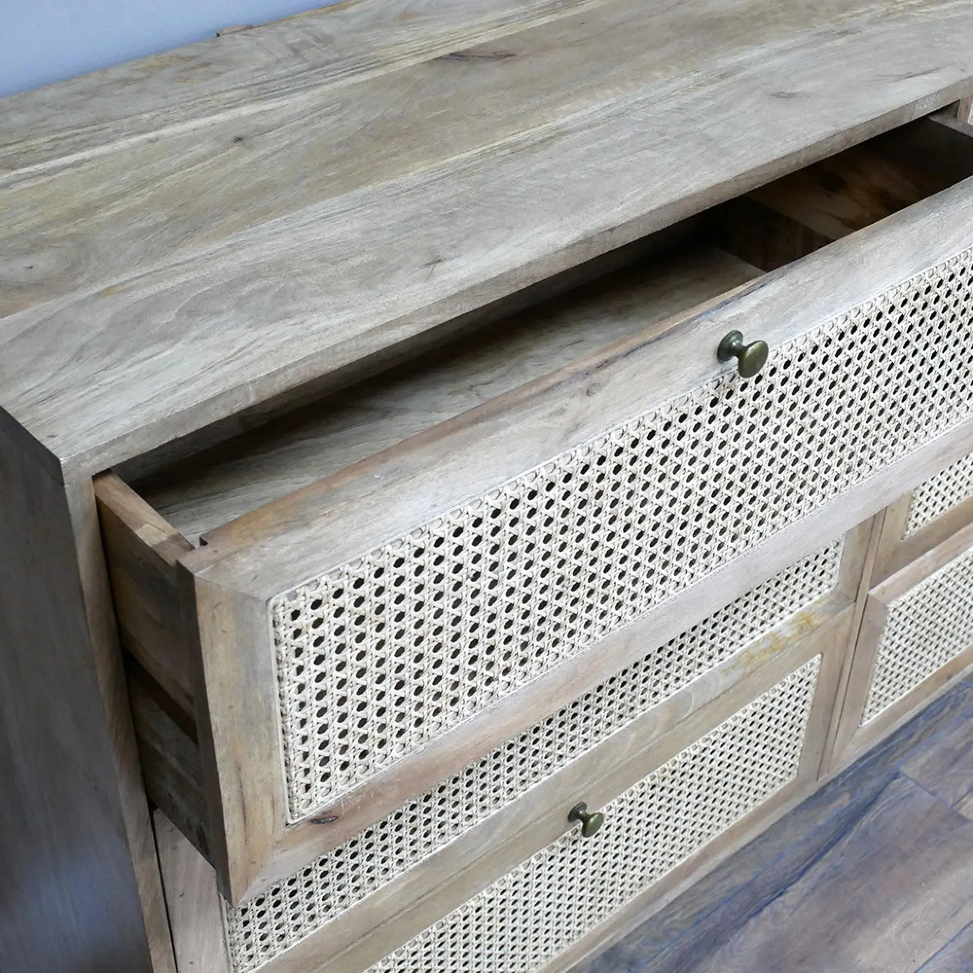 Mango Wood and Rattan 6 Drawer Wide Chest