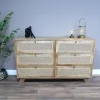 Mango Wood and Rattan 6 Drawer Wide Chest