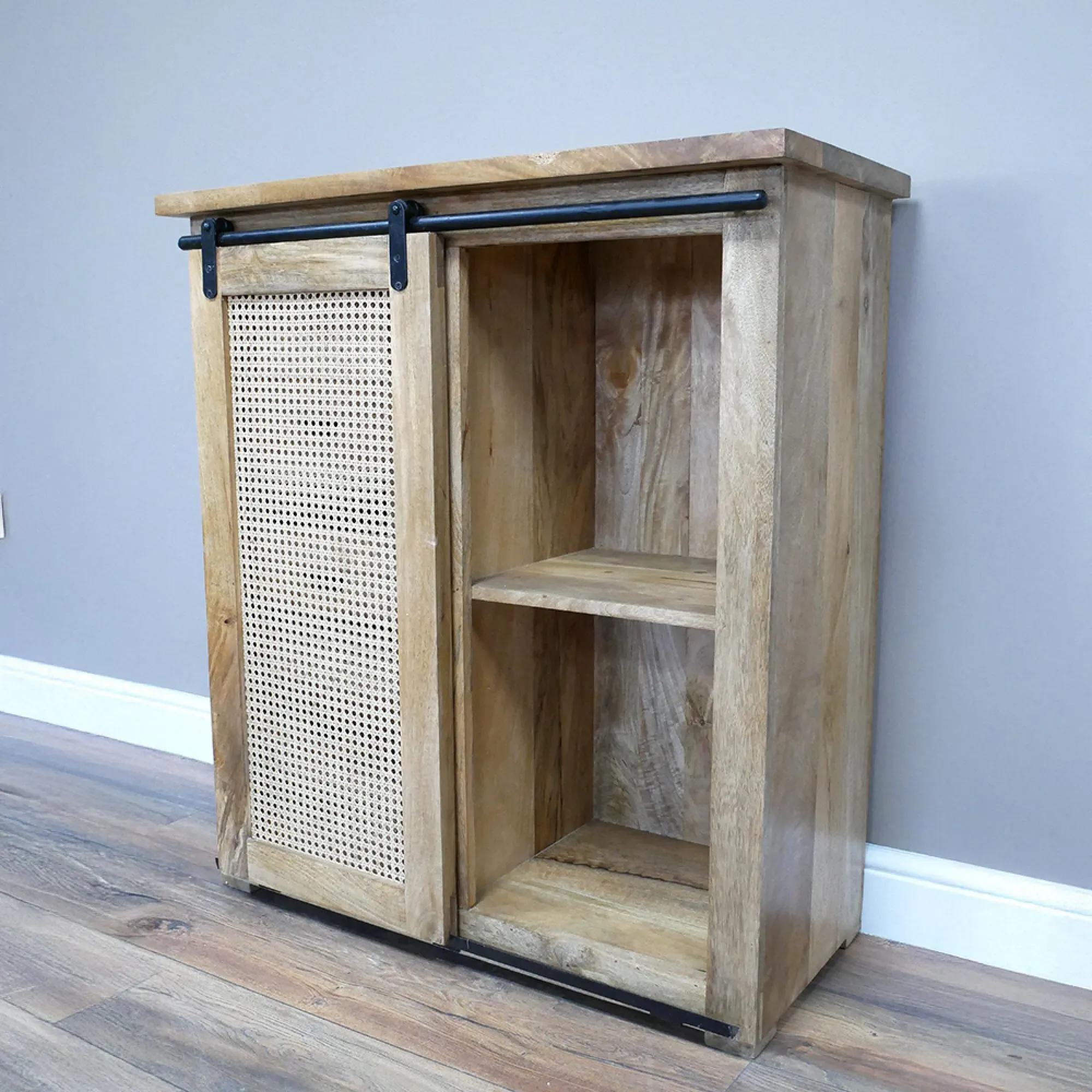 Mango Wood and Rattan Sliding Door Storage Cabinet - Natural