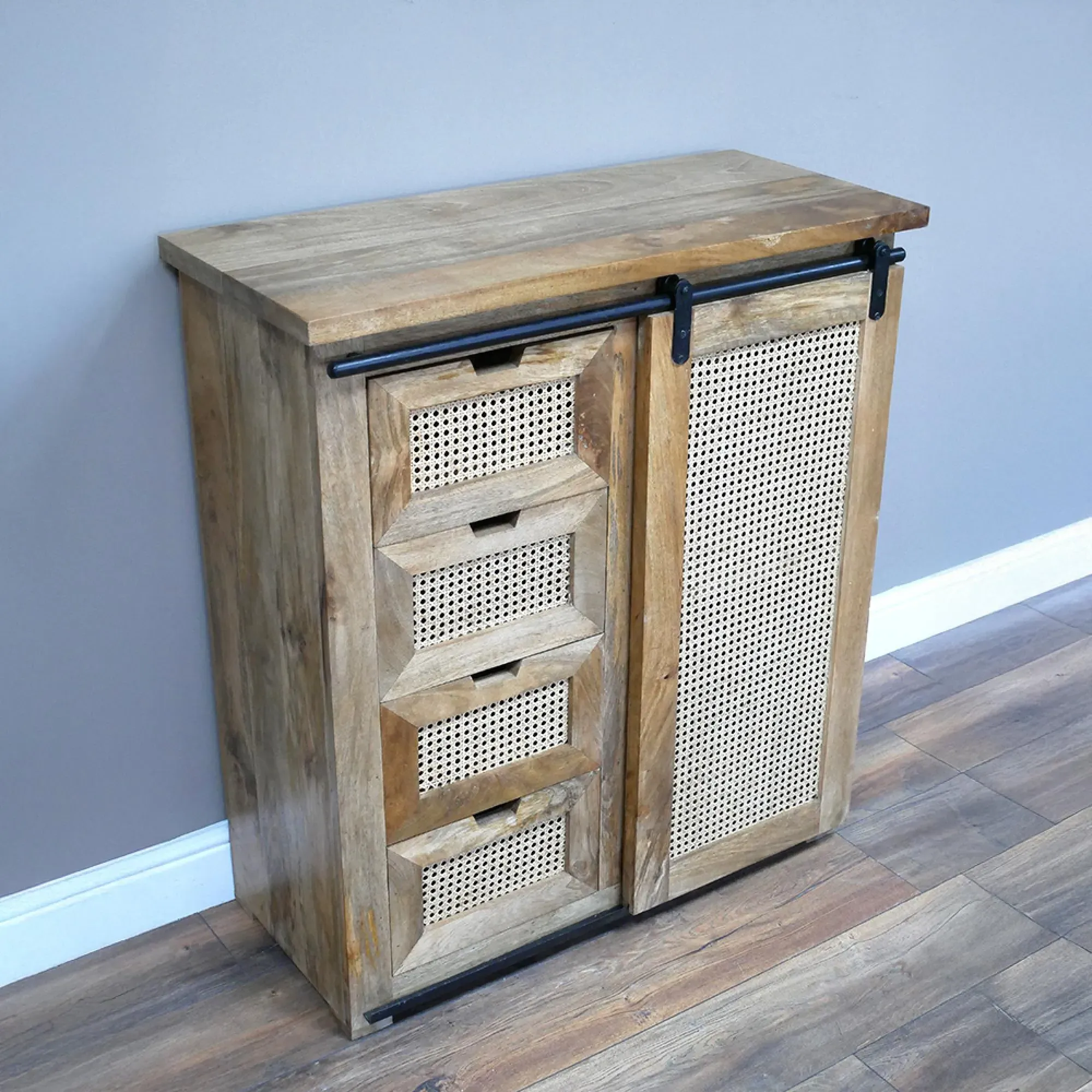 Mango Wood and Rattan Sliding Door Storage Cabinet - Natural
