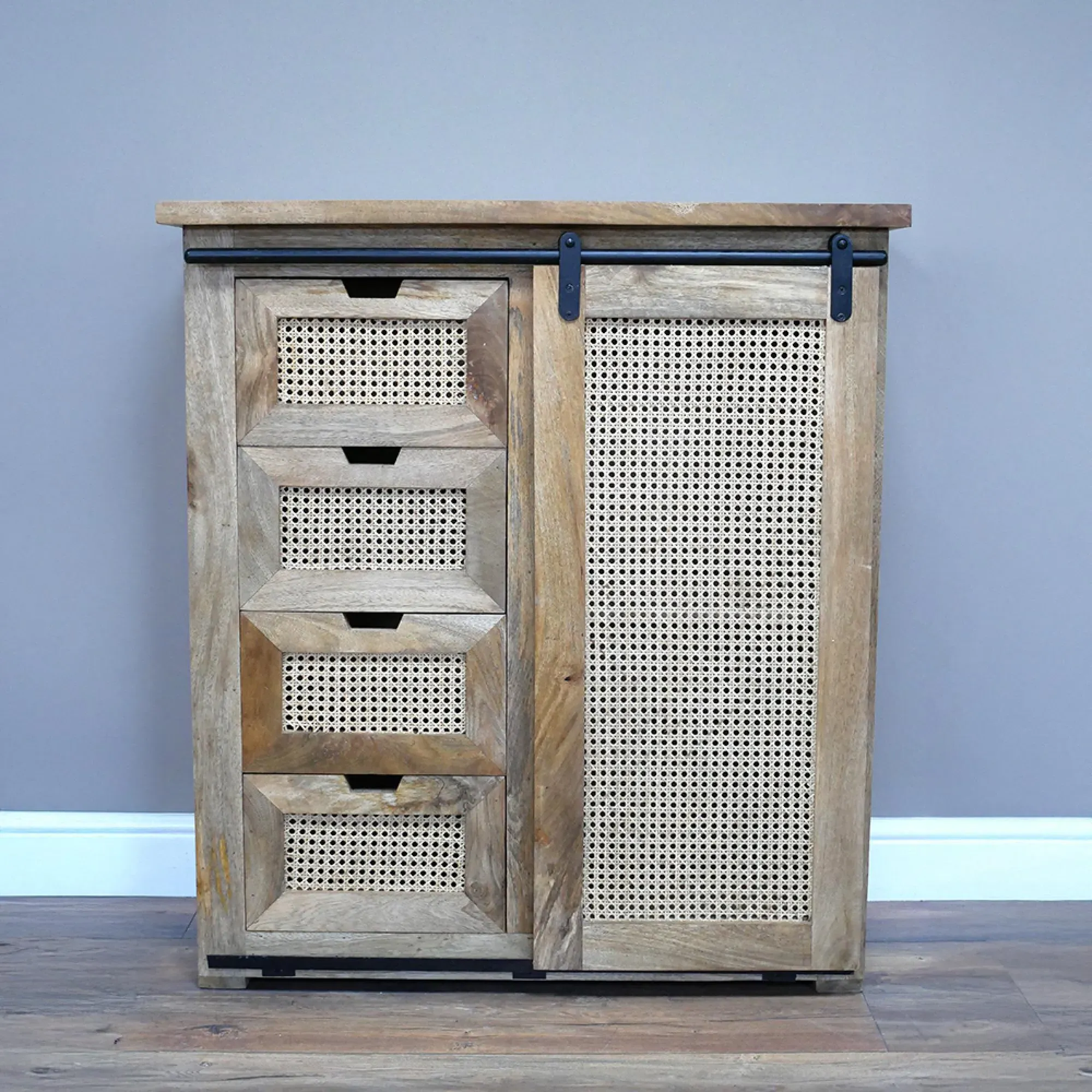 Mango Wood and Rattan Sliding Door Storage Cabinet - Natural