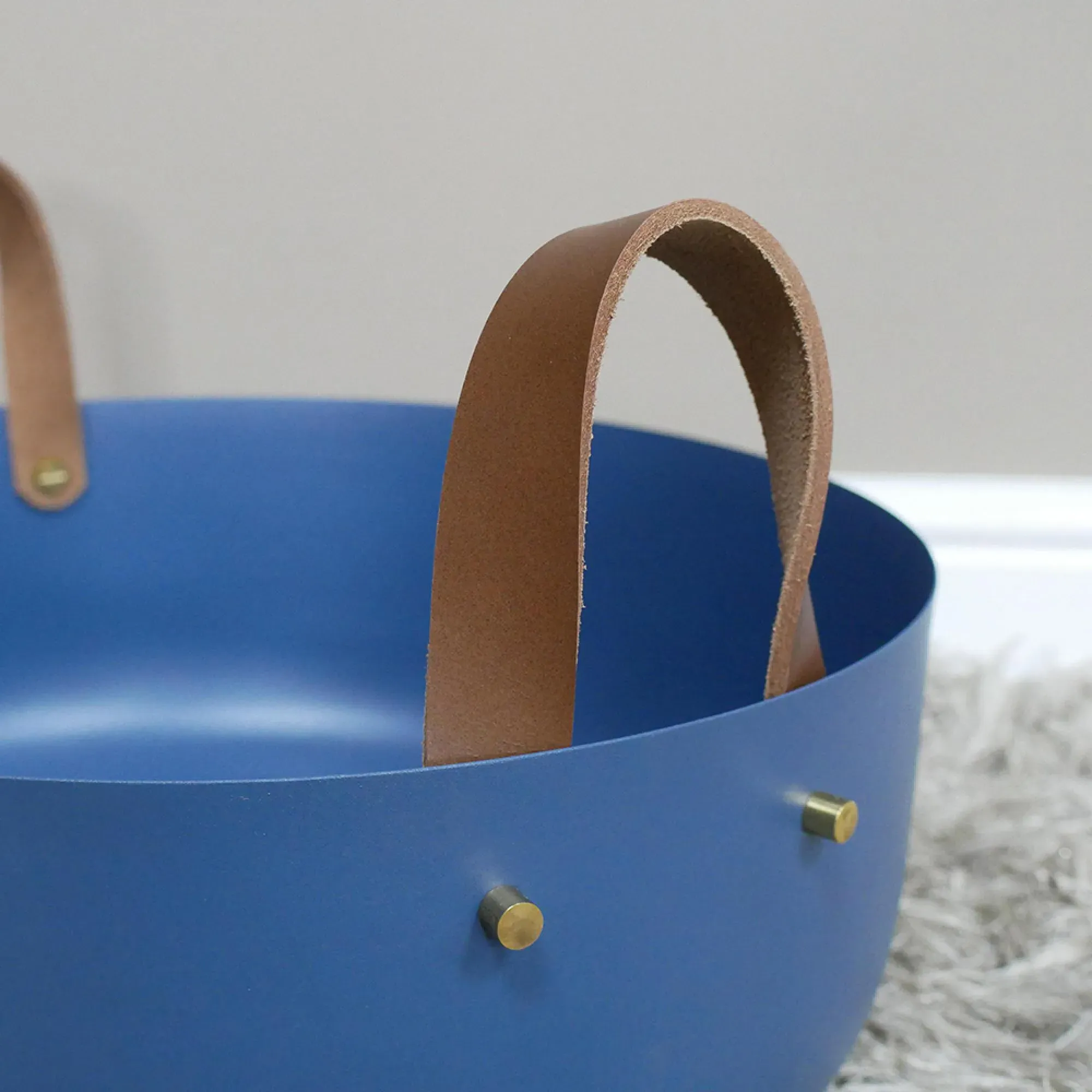 Metal Bowls with Leather Handles - Blue, Set of 2