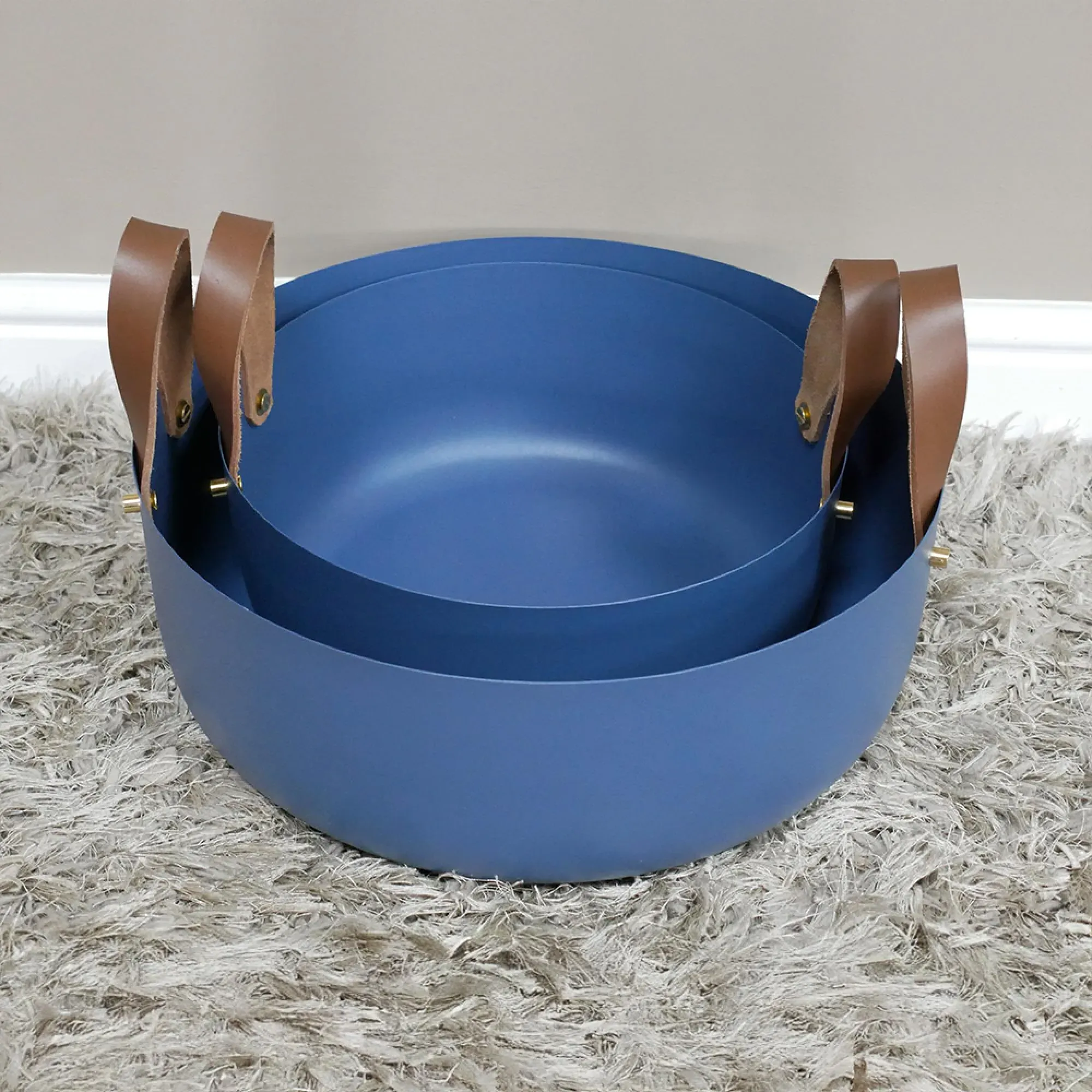Metal Bowls with Leather Handles - Blue, Set of 2