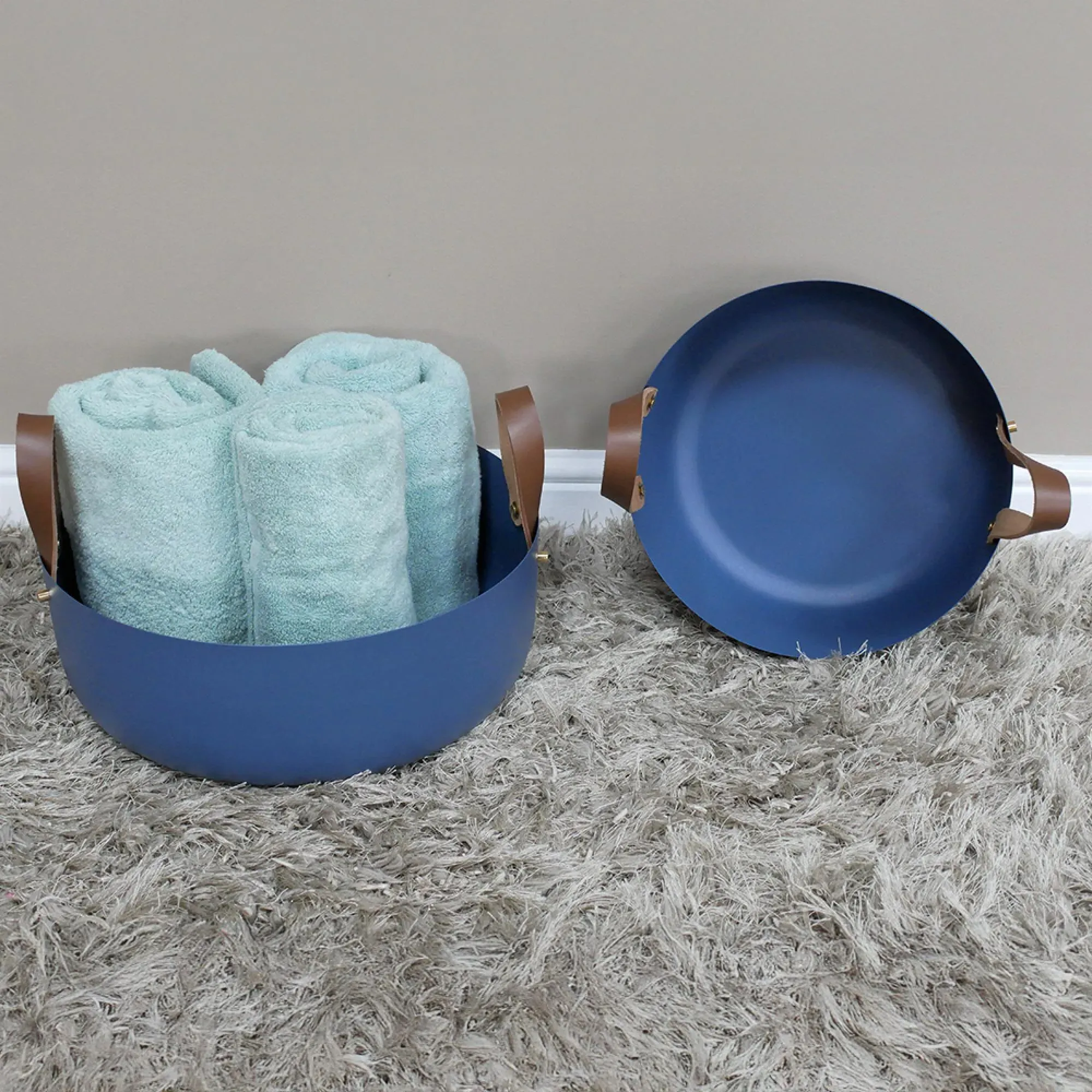 Metal Bowls with Leather Handles - Blue, Set of 2