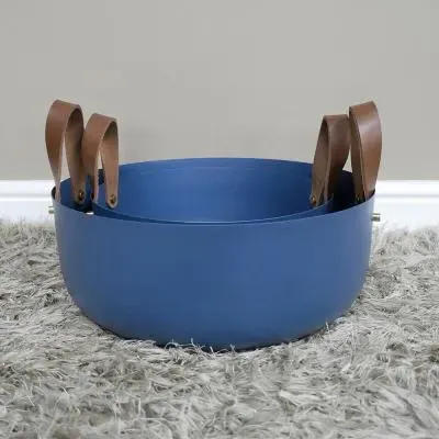 Metal Bowls with Leather Handles - Blue, Set of 2 image