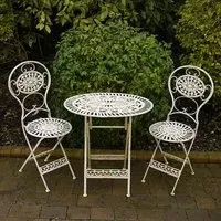 Oval Garden Table with 2 Chairs - Distressed White, Metal