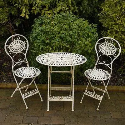 Oval Garden Table with 2 Chairs - Distressed White, Metal