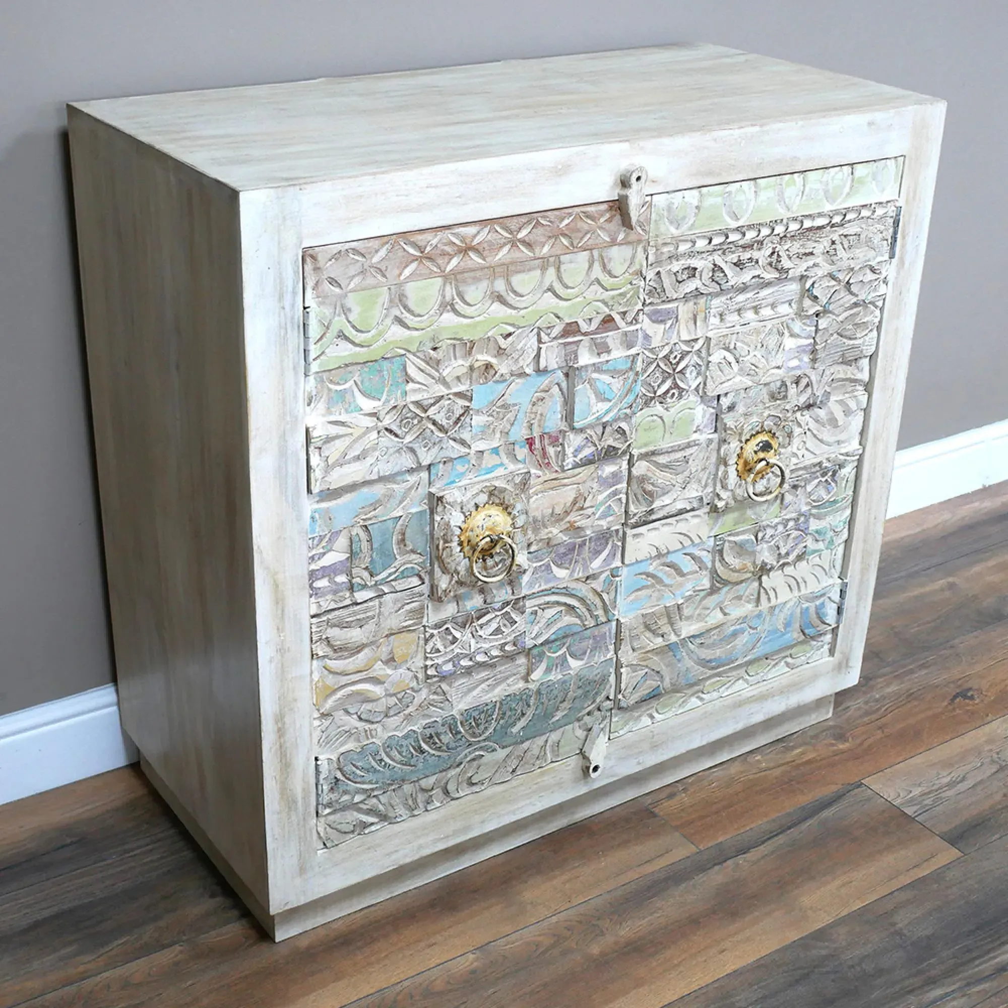 Reclaimed Wood Carved 2 Door Hall Cabinet - White Washed