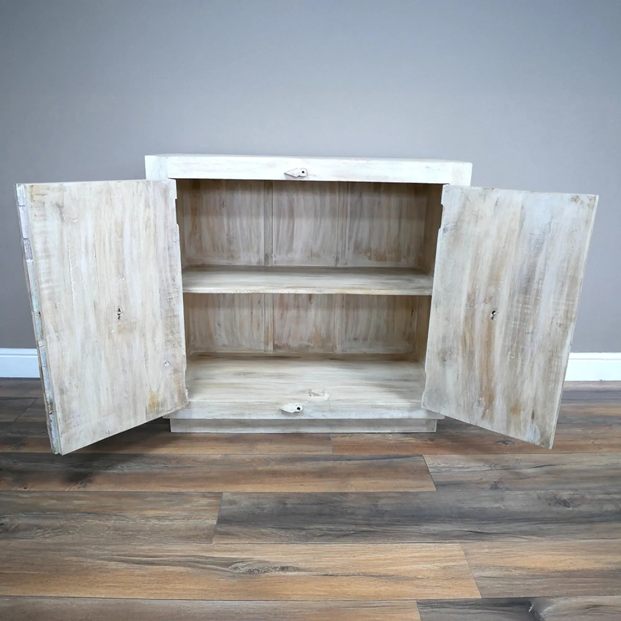 Reclaimed Wood Carved 2 Door Hall Cabinet - White Washed