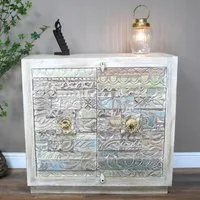 Reclaimed Wood Carved 2 Door Hall Cabinet - White Washed