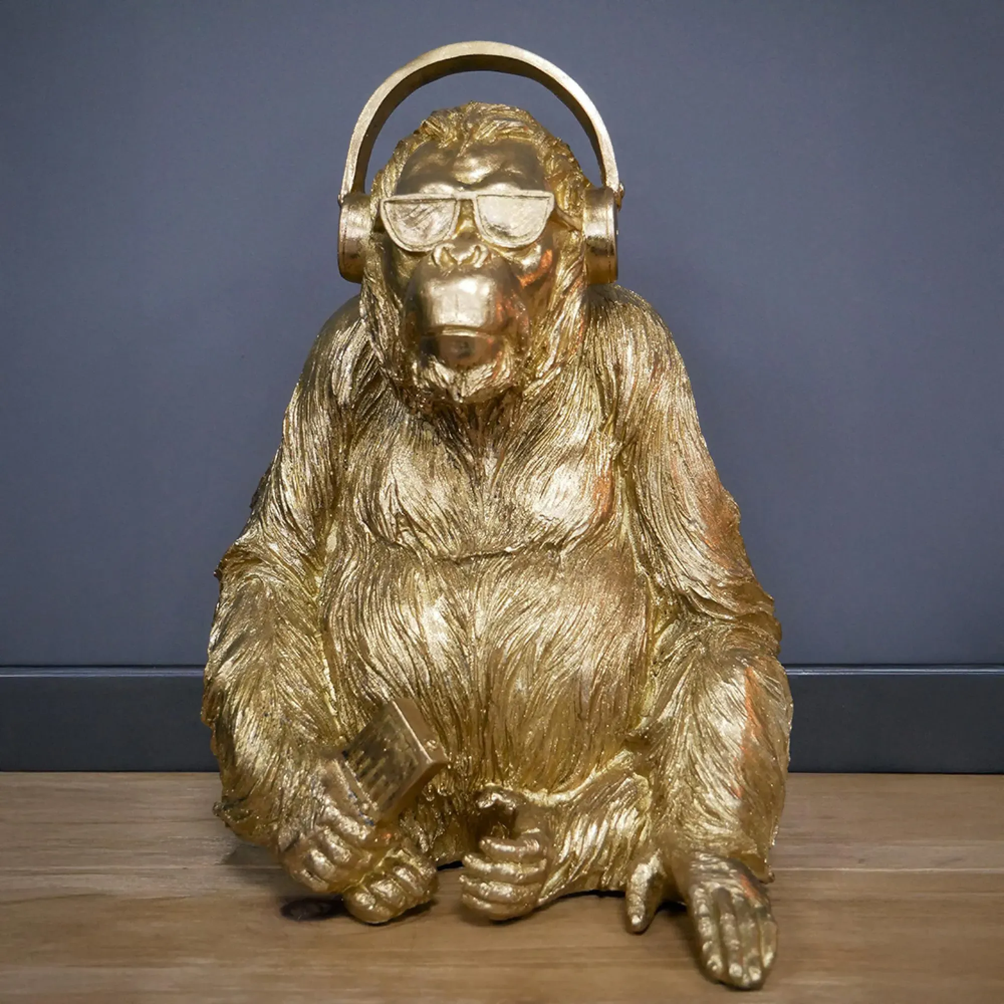 Resin Gorilla with Headphones - Set of 2, Gold