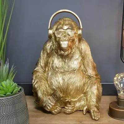 Resin Gorilla with Headphones - Set of 2, Gold image
