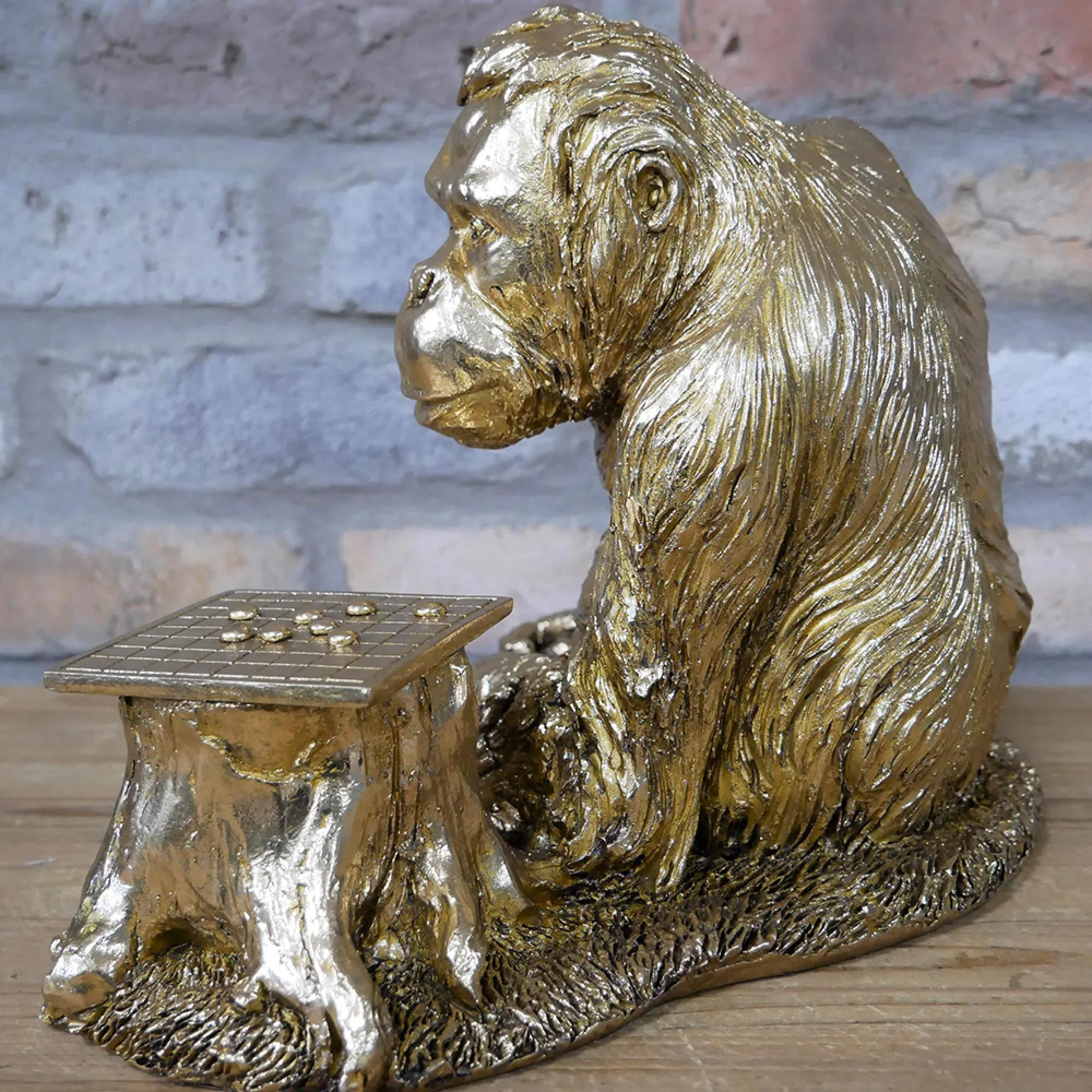 Resin Orangutan Playing Draughts - Set of 2, Gold
