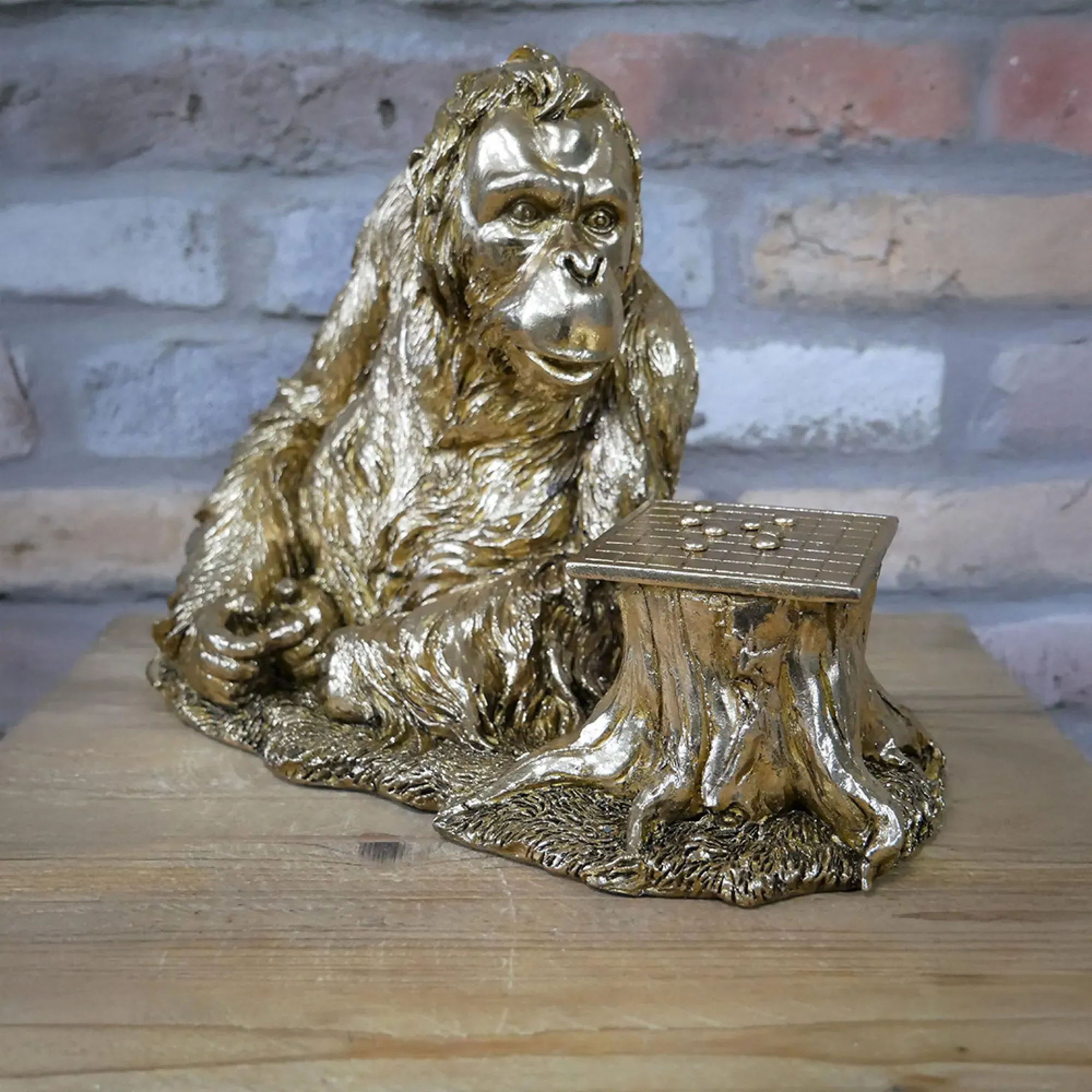 Resin Orangutan Playing Draughts - Set of 2, Gold