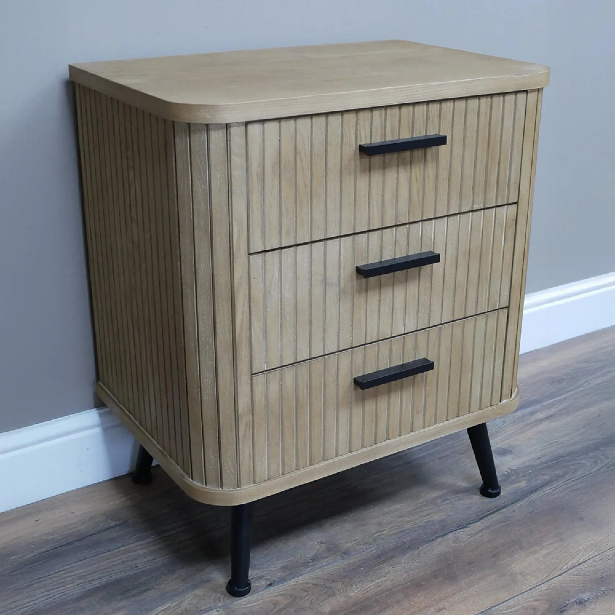 Ribbed 3 Drawer Bedside Cabinet - Wood