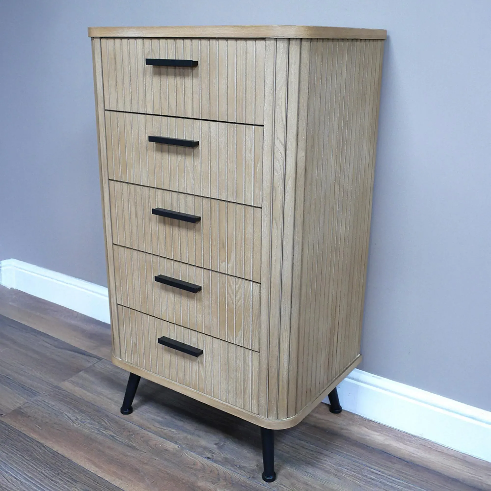Ribbed Wooden 5 Drawer Tallboy Chest