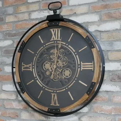 Round Clock with Cogs - Black