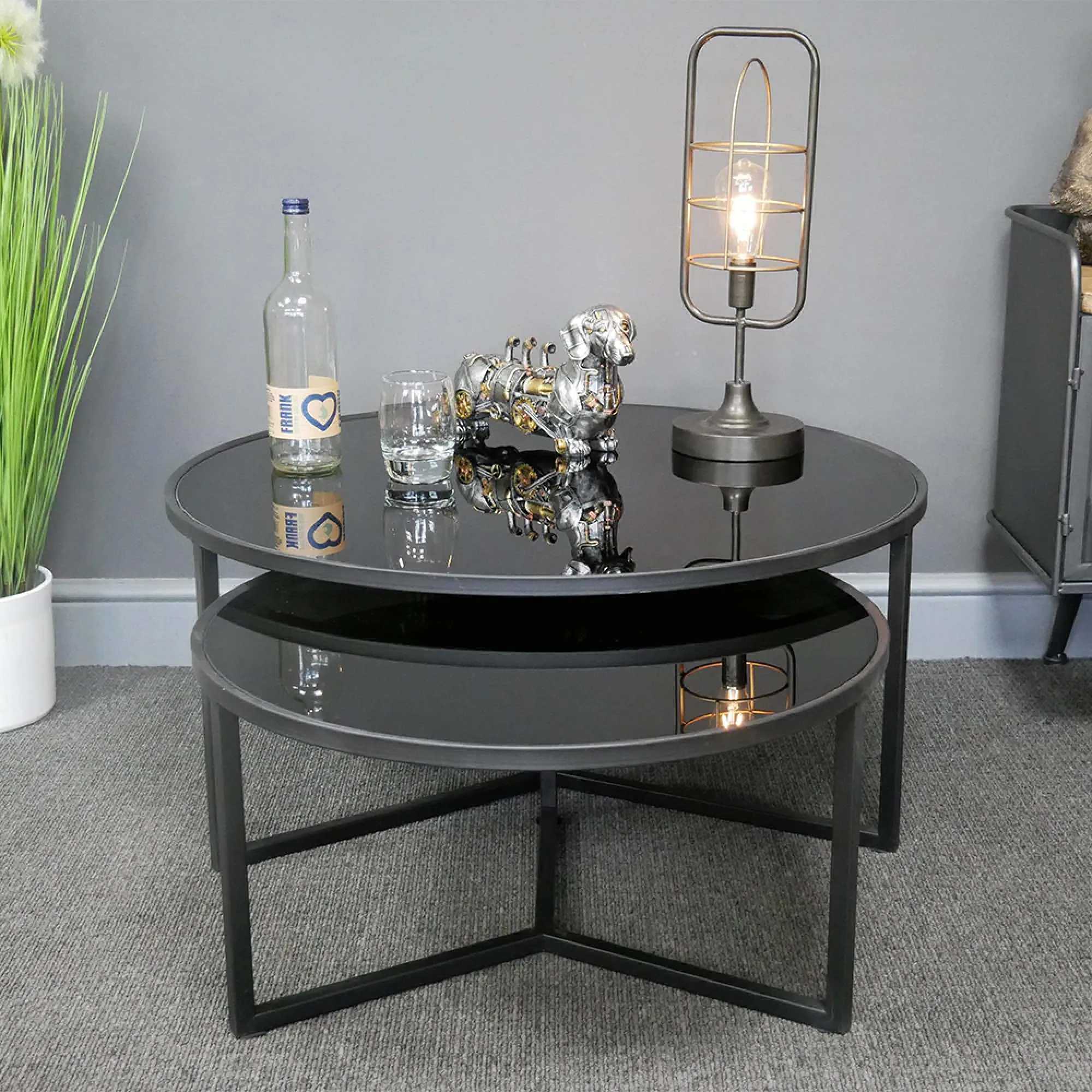 Round Coffee Tables Set of 2 - Black, Glass Metal