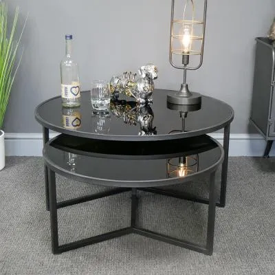 Round Coffee Tables Set of 2 - Black, Glass Metal