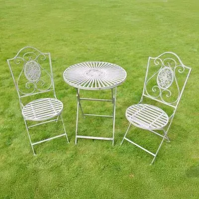 Round Garden Table with 2 Chairs - Antique Grey, Metal