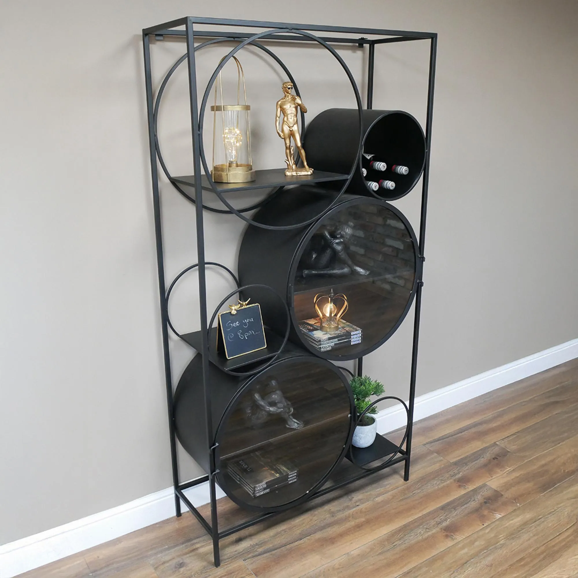 Round Glass Door Display Cabinet - Black Metal