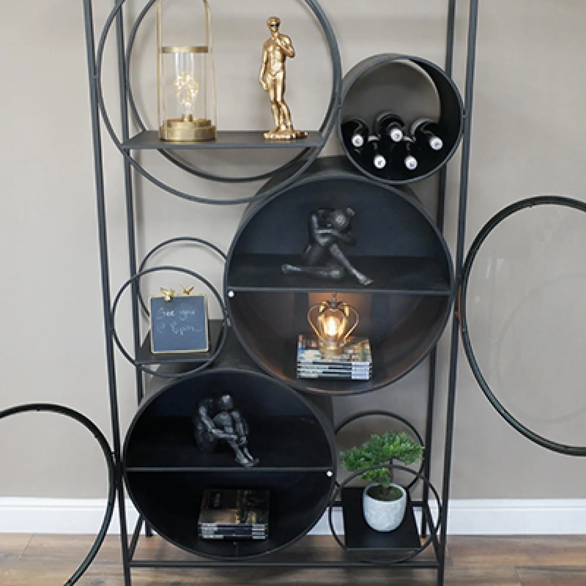 Round Glass Door Display Cabinet - Black Metal