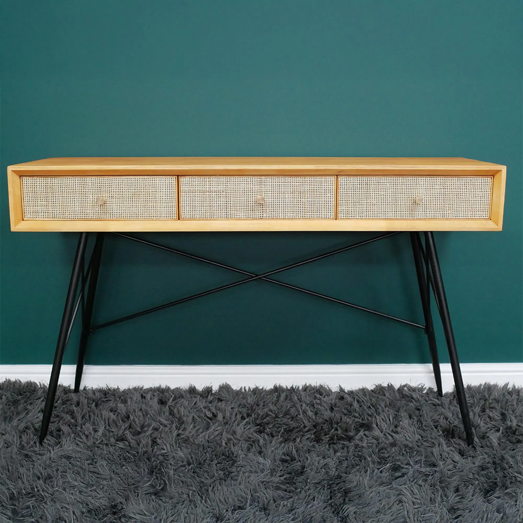 Rubber Wood and Rattan 3 Drawer Desk