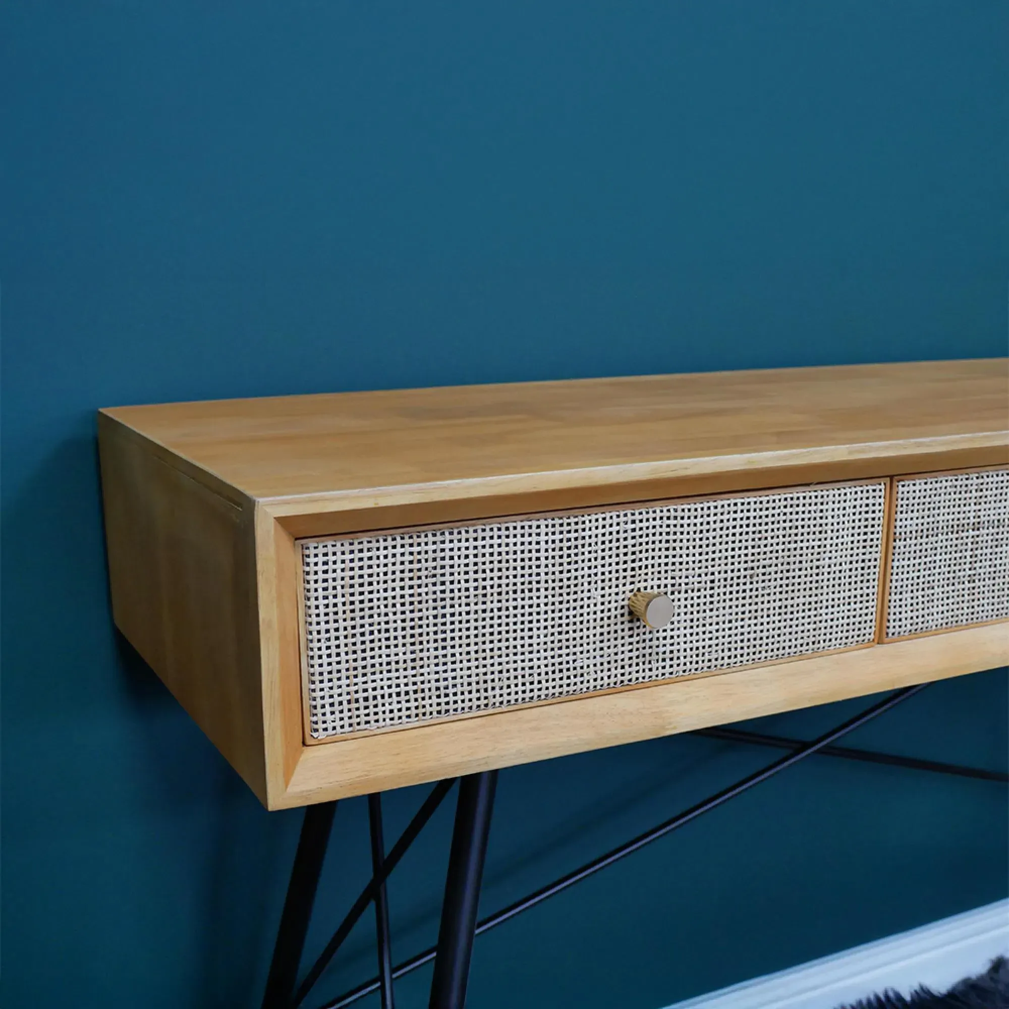 Rubber Wood and Rattan 3 Drawer Desk