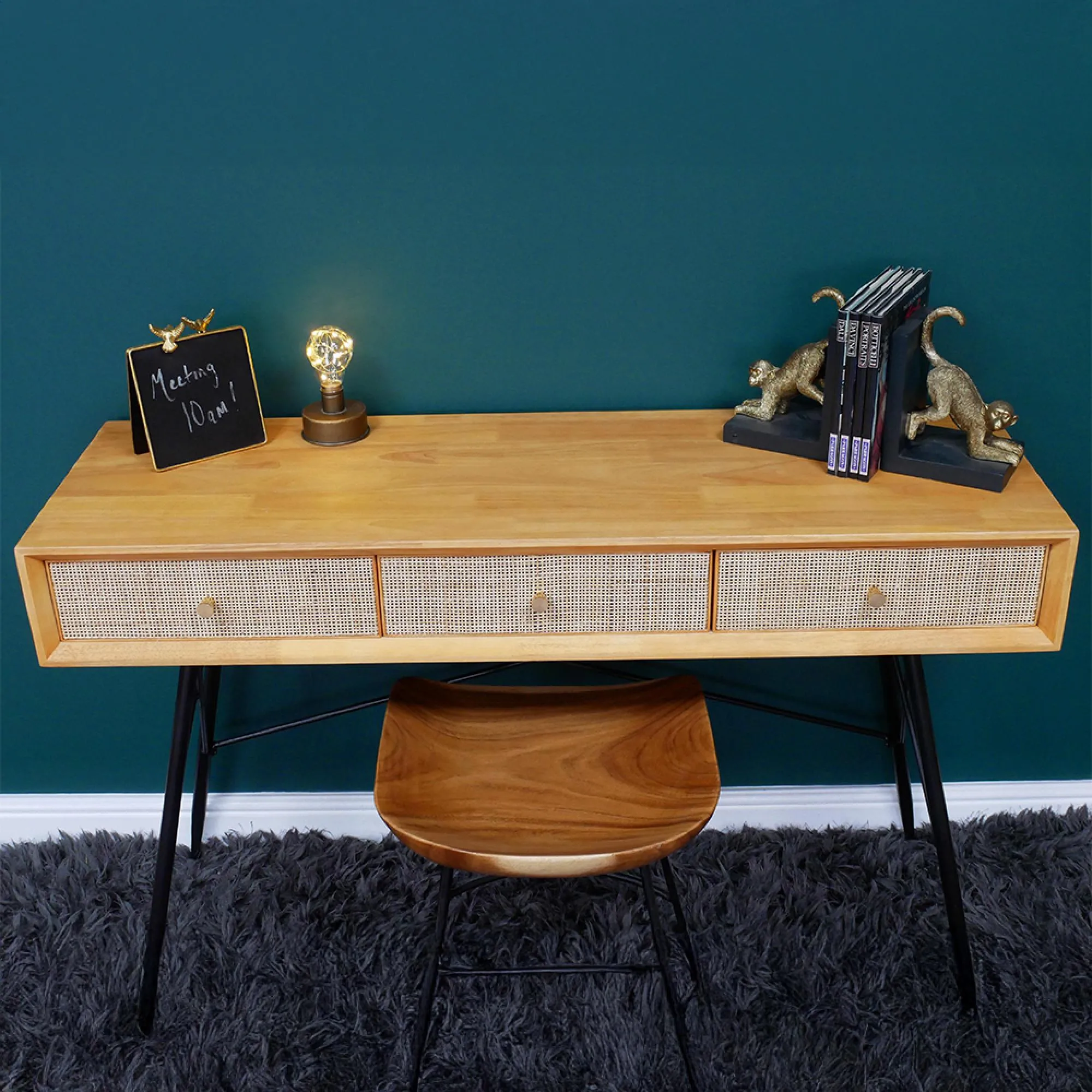 Rubber Wood and Rattan 3 Drawer Desk