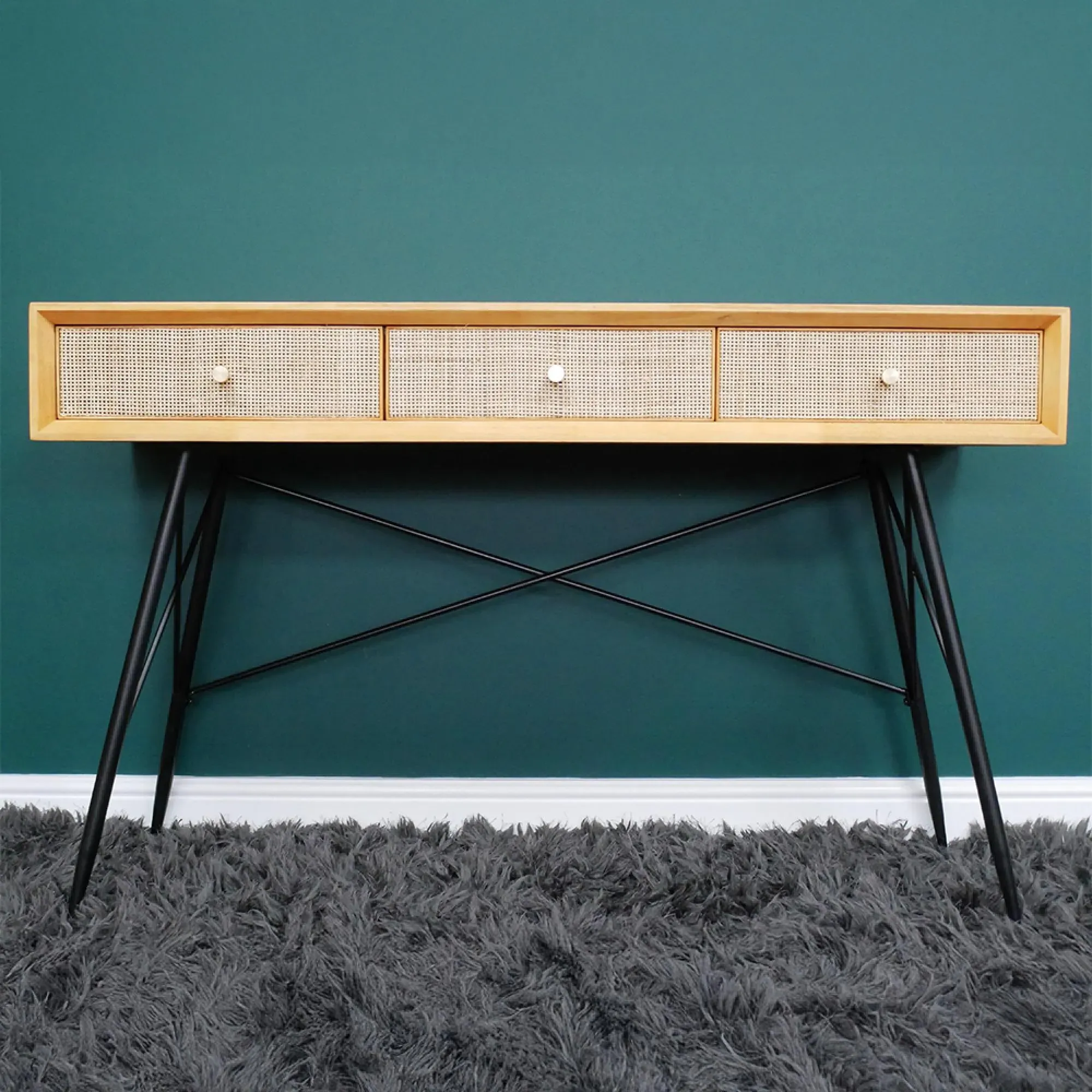 Rubber Wood and Rattan 3 Drawer Desk
