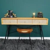 Rubber Wood and Rattan 3 Drawer Desk