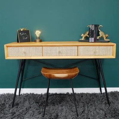 Rubber Wood and Rattan 3 Drawer Desk