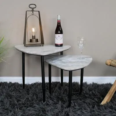 Set of 2 Triangular Side Tables - Grey, Marble