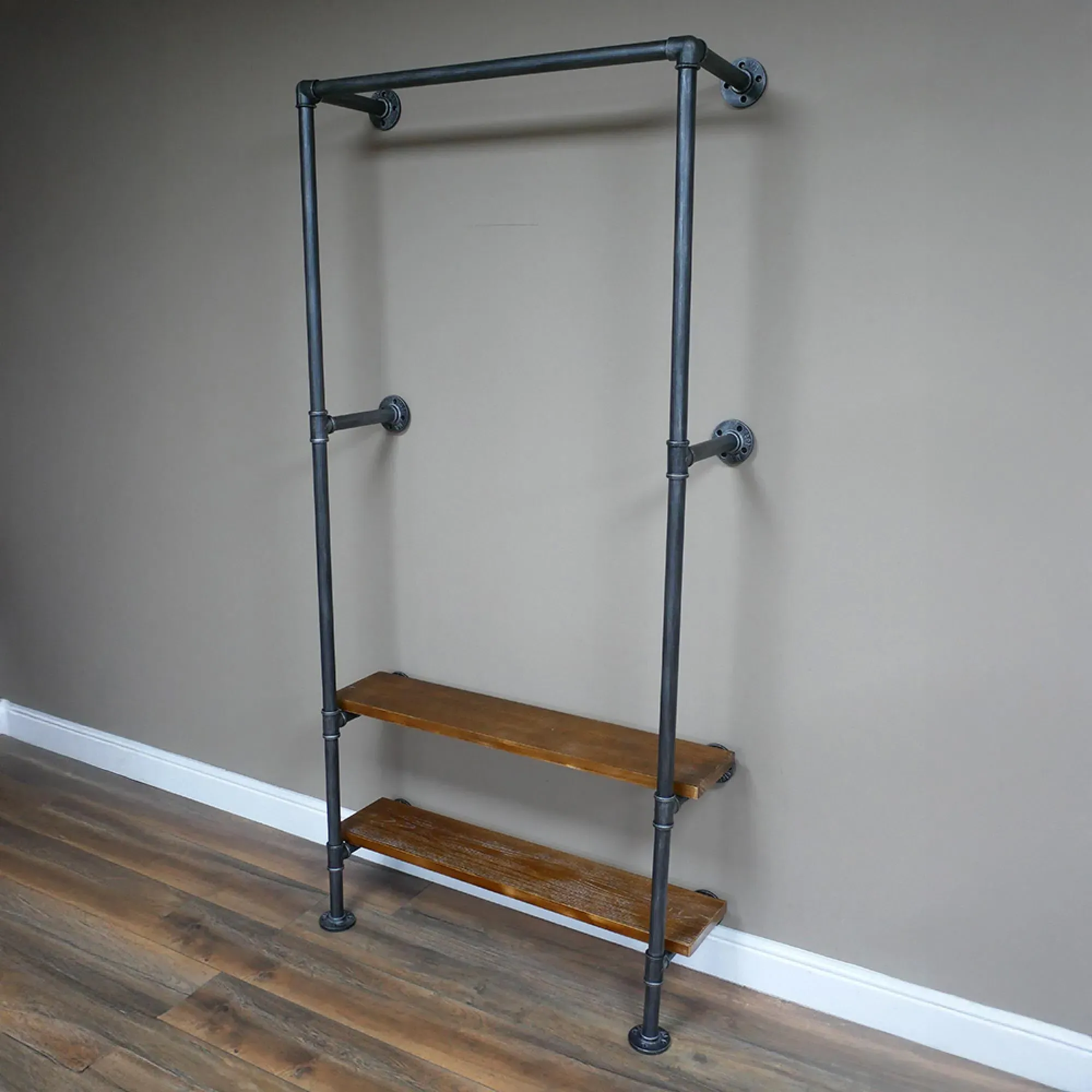 Shelving Stand with Coat Rack - Black Metal, Wood