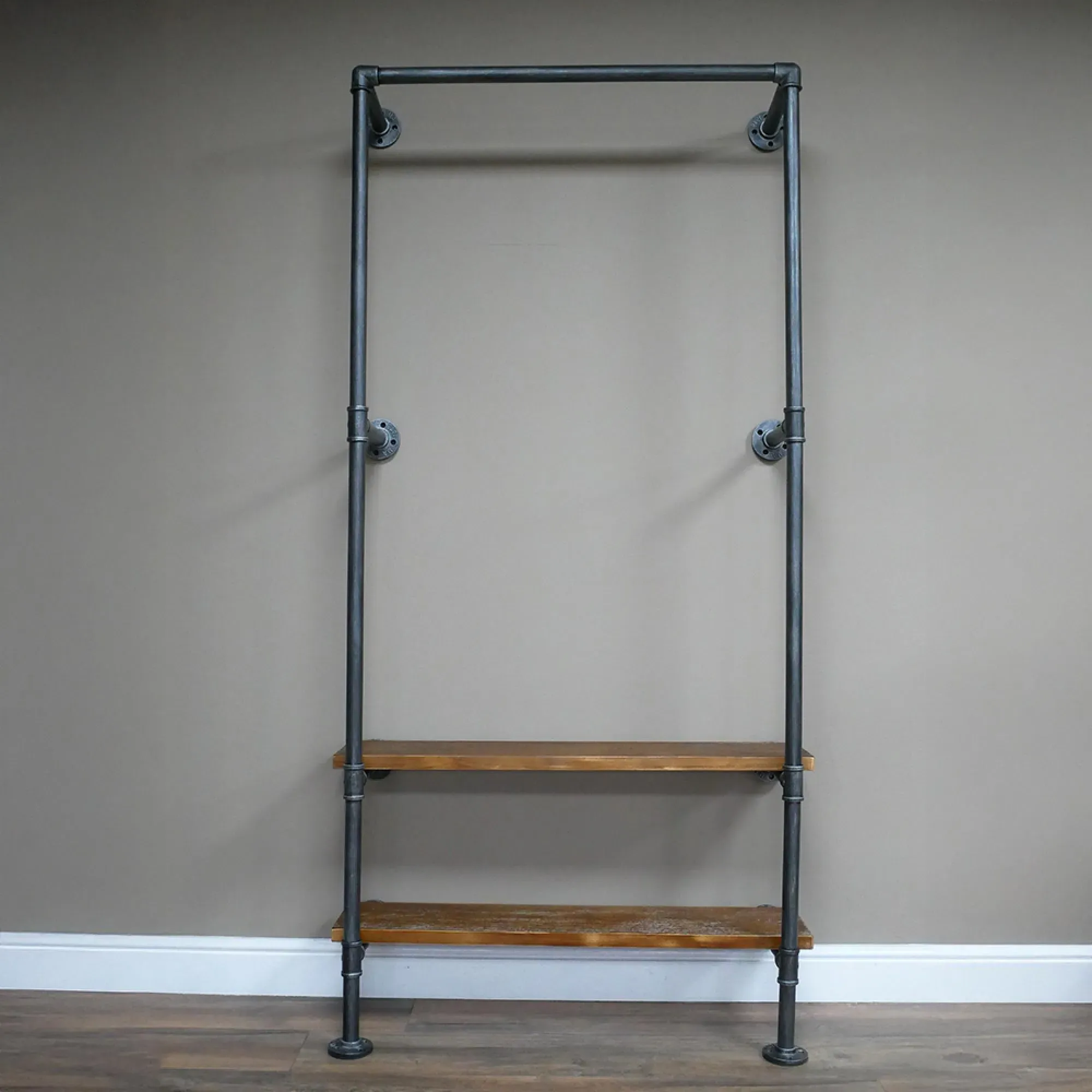 Shelving Stand with Coat Rack - Black Metal, Wood