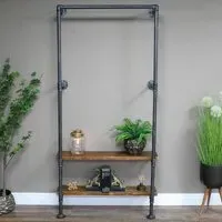 Shelving Stand with Coat Rack - Black Metal, Wood