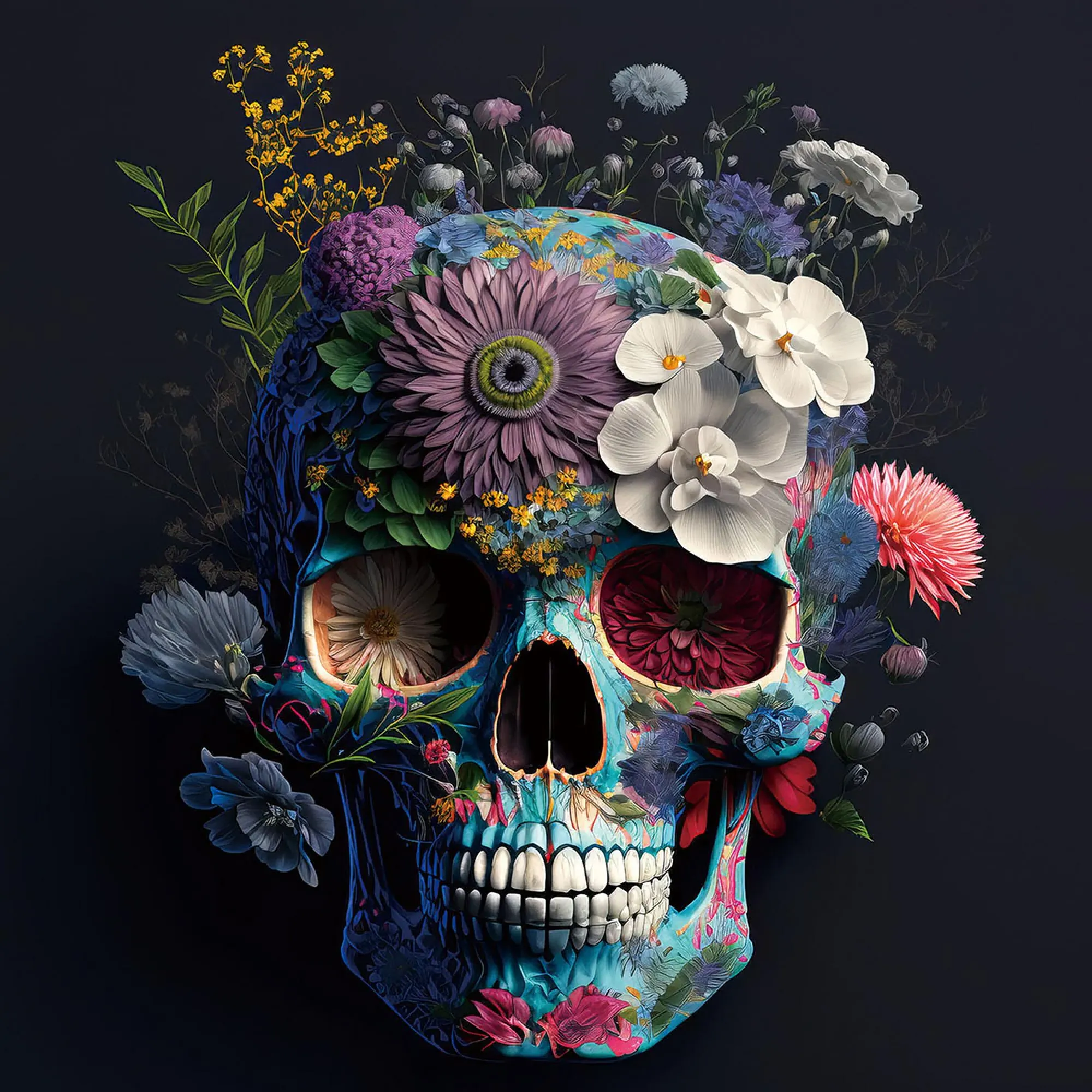 Skull with Flower Wall Art - Tempered Glass