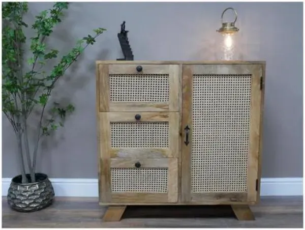 Small Mango Wood and Rattan Storage Cabinet - Natural